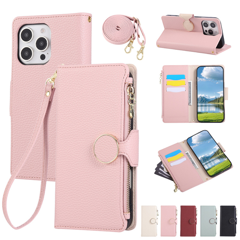 Cross-Border Applicable Apple 17Promax Pure Color Zipper Wallet Mobile Phone Case 16Pro Japanese Style Buckle Crossbody Leather Case Cross-Border Applicable Apple 17Promax Pure Color Zipper Wallet Mobile Phone Case 16Pro Japanese Style Buckle Crossbody Leather Case