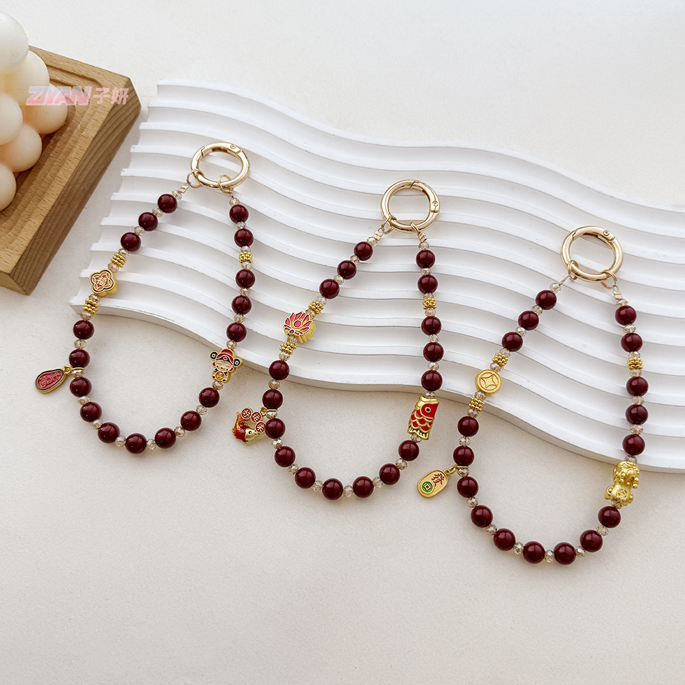 Guofeng imitation cinnabar red beads mobile phone chain alloy god of wealth year after year more than pixiu new Chinese car keychain chain