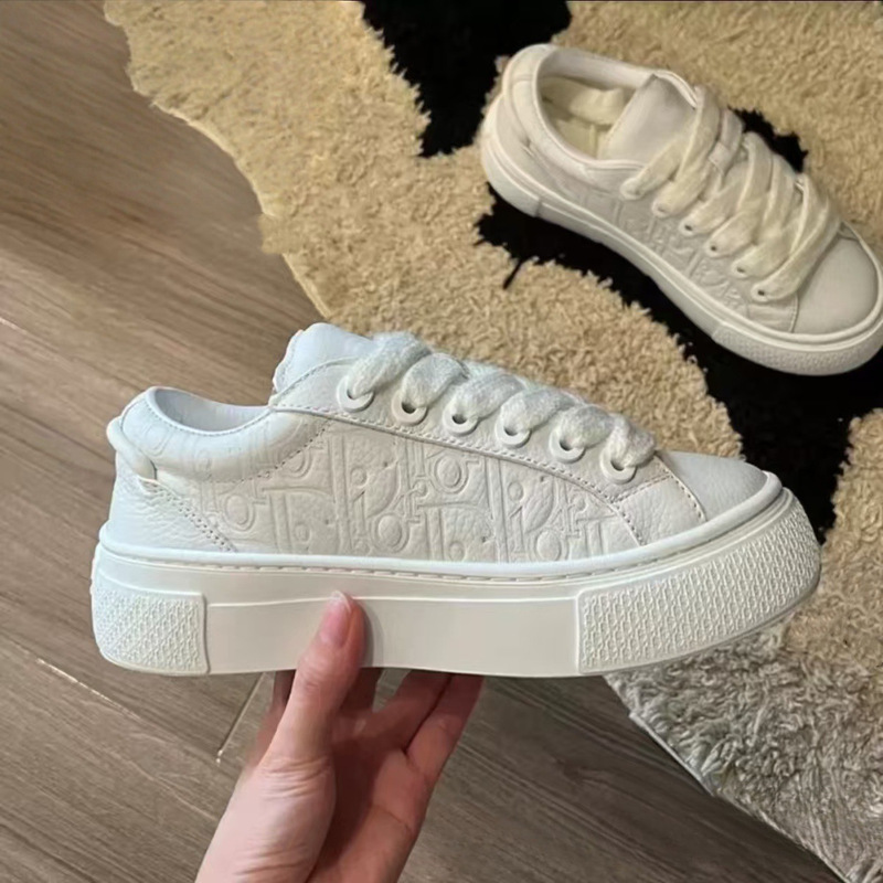 B33 Thick-Soled Height-Increasing White Sneakers, Couple Style, Large Size Trendy D-Brand Embossed Versatile Casual Lace-Up Genuine Leather Sneakers for Women B33 Thick-Soled Height-Increasing White Sneakers, Couple Style, Large Size Trendy D-Brand Embossed Versatile Casual Lace-Up Genuine Leather Sneakers for Women