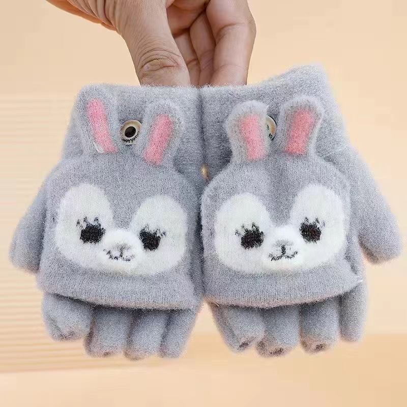 Medio dedo guantes de invierno para niños de dibujos animados invierno caliente lindo flip dedos de escritura guantes de escritura de estudiantes fríos engrosados