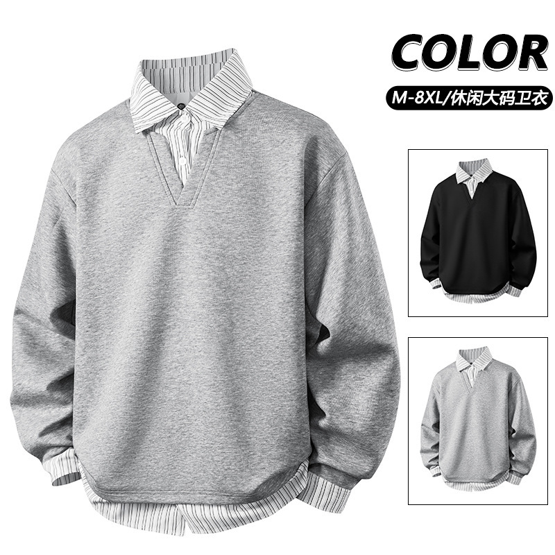 Plus-Size Men's Sports Casual Shirt Collar Long-Sleeve Pullover Sweatshirt in Solid Color for Spring and Autumn, Trendy and Versatile Plus-Size Men's Sports Casual Shirt Collar Long-Sleeve Pullover Sweatshirt in Solid Color for Spring and Autumn, Trendy and Versatile