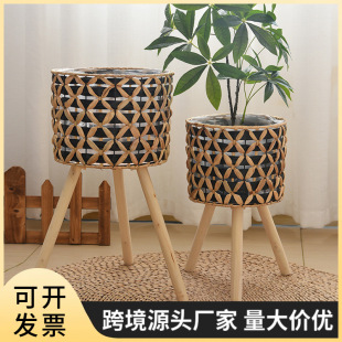 Straw Plant Flower Stand Living Room Floor-Standing Green Plant Flower Pot Wooden Balcony Flower Stand Floor-Standing Flower Pot Solid Wood Flower Stand