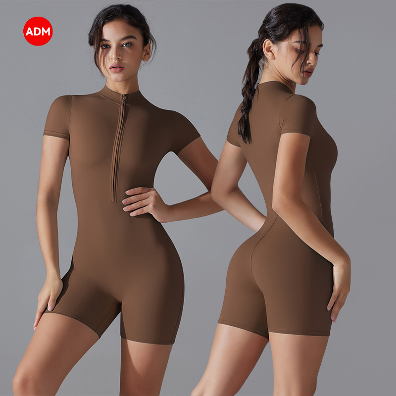 New European and American style summer zippered short-sleeve shorts yoga jumpsuit for women, dance fitness tight-fitting sports bodysuit