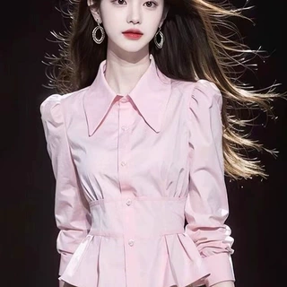 韩系chic粉色长袖衬衫女法式褶皱收腰温柔显瘦短上衣早秋2024新款