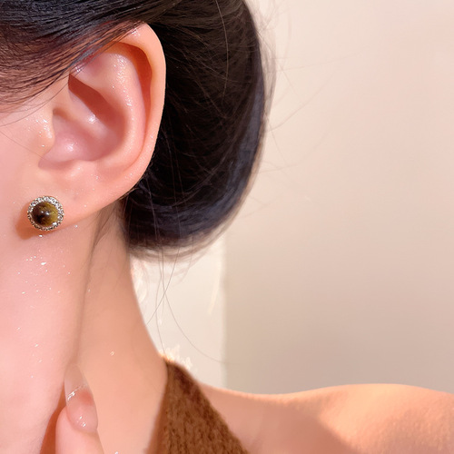 Autumn and winter Maillard tiger eye stone earrings, light luxury niche, simple super flash diamond earrings, Korean high-end earrings
