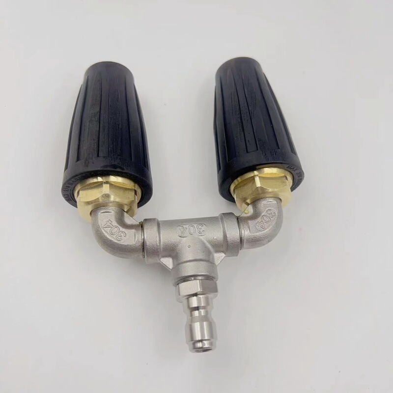 High-Pressure Water Gun Rotating Nozzle Blue Brass with Large Curved Three-Way Stainless Steel Water Pipe Connector