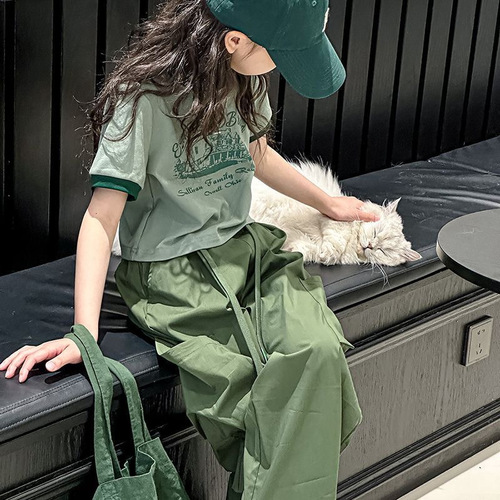 Girls' summer workwear sports suit  new style mid-to-large size patchwork T-shirt straight-leg pants trendy two-piece set