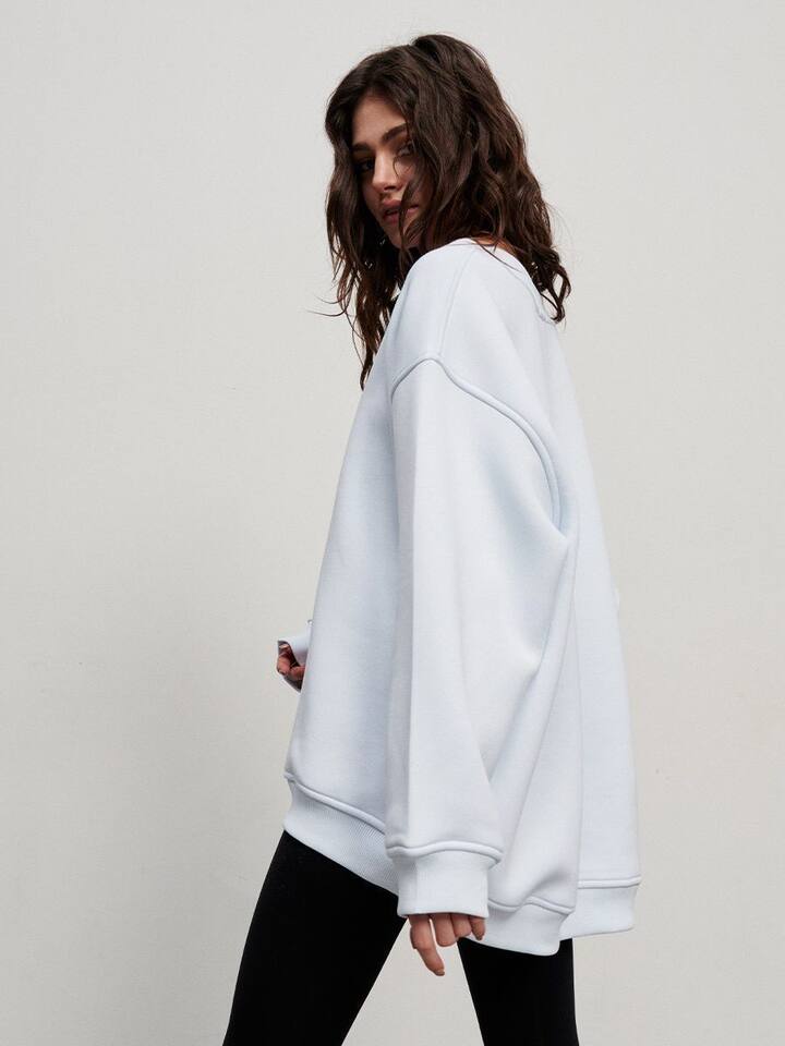 Áo sweatshirt nữ cổ tròn dáng rộng oversize tay dài chất liệu nỉ lông — Hoa màu xám, Màu cà phê, Màu trắng, Xanh navy chi tiết 48