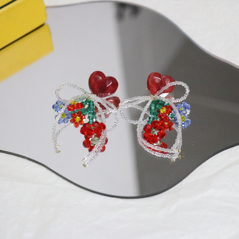 Fashion New Heart-shaped Red Flower Bead Bow Acrylic Earrings display picture 7
