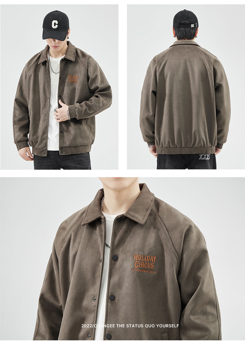 Veste de baseball à revers en fourrure de cerf vert gris pour hommes, ample, tendance automne et hiver, 380 g, américaine_voghion.com