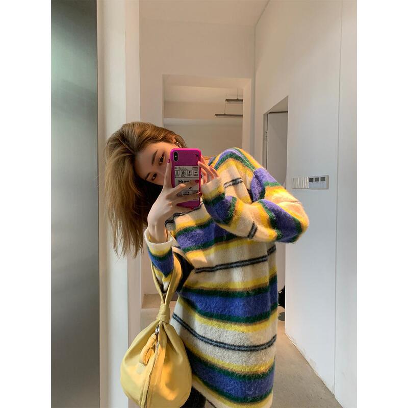 [In Stock] VC Mohair Striped Pullover Sweater for Women, New Loose Fit, Casual Outerwear, Lazy Style Top