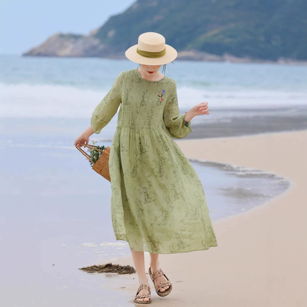 2025 летняя свободная талия с V-образным вырезом Тонкая рома с принтом с семью рукавами платье с V-образным вырезом