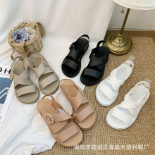 夏季新款一字带罗马凉鞋可爱纯色凉拖鞋女韩版简约学生沙滩鞋批发