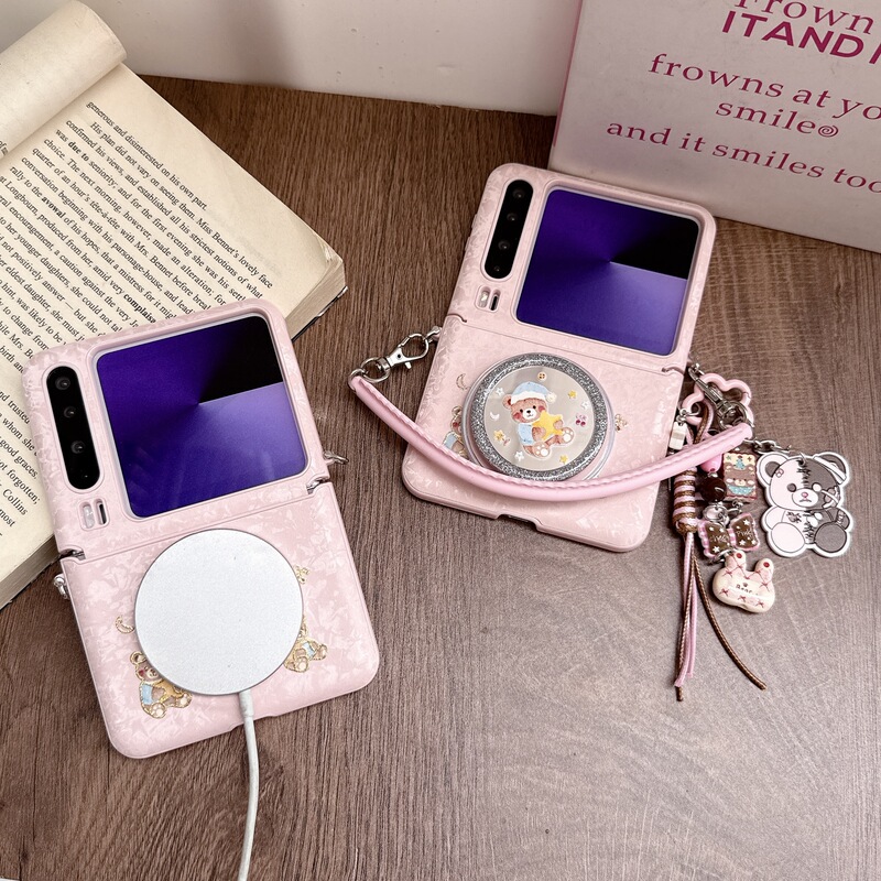 Suitable for Huawei Purax Women's Phone Case with Magnetic Pocket2 Bear Skin Sticker Lanyard Full-Cover Hinge Protective Case