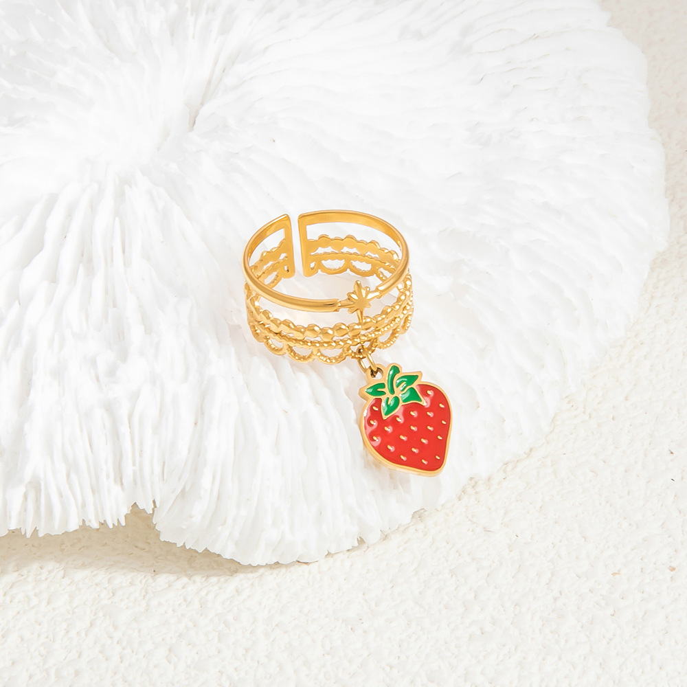 Cute Style PVD Coated Real Gold Plated Cherry Heart Shape Eye 304 Stainless Steel Cute Waterproof Non Tarnish Charm Rings Open Rings