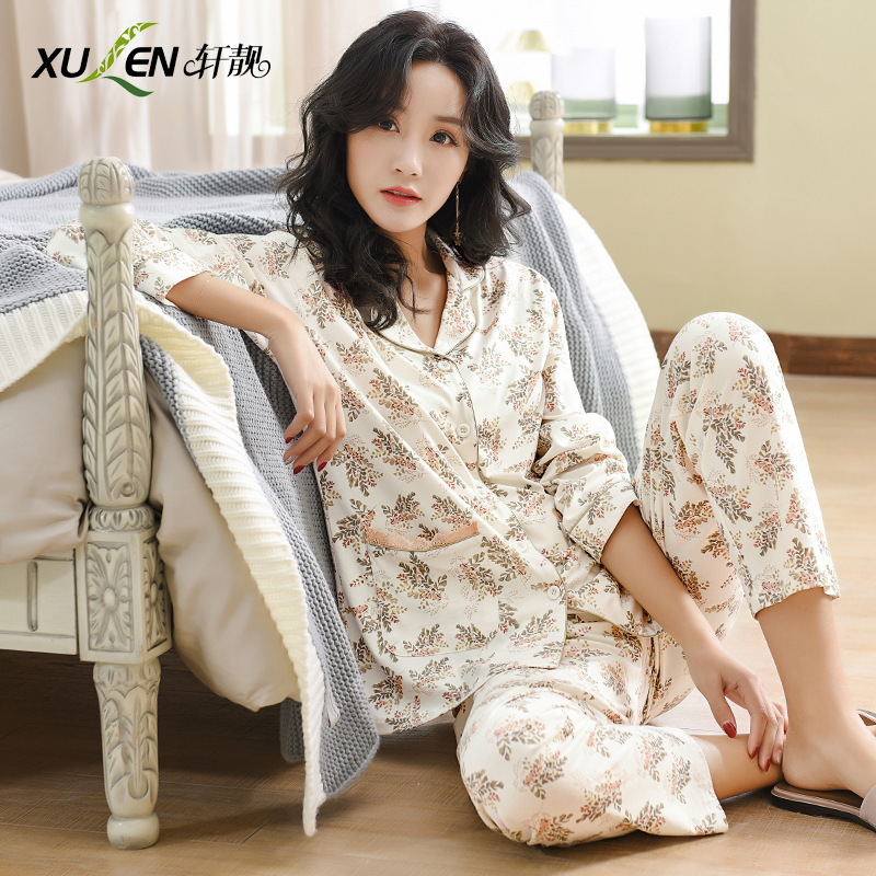Pijamas de las mujeres primavera y otoño primavera manga larga 100% algodón Delgado homewear más tamaño suelto traje de mamá de mediana edad