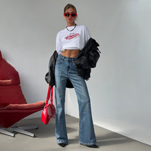 欧美时尚显瘦显高微喇牛仔裤高腰女装新款弹力高个子加长款简约