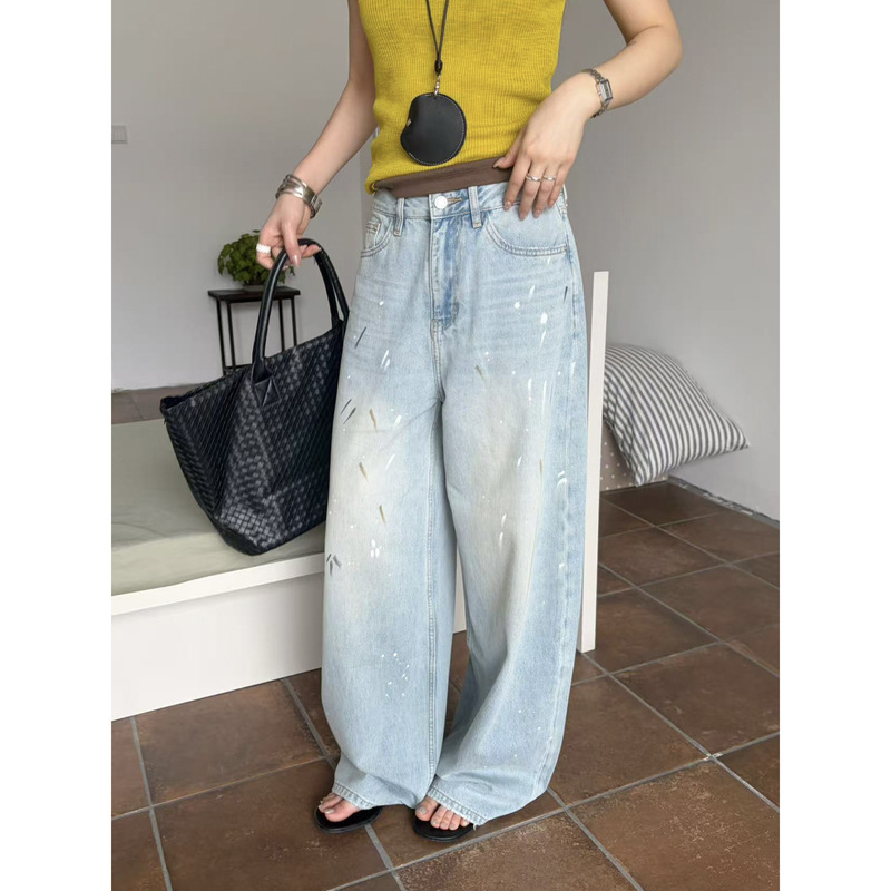 Icciicc Street Style Relaxed Wide-Leg Curved Hem Jeans with Washed Ink-Splash Design for Women 13Th Row 10969 Icciicc Street Style Relaxed Wide-Leg Curved Hem Jeans with Washed Ink-Splash Design for Women 13Th Row 10969