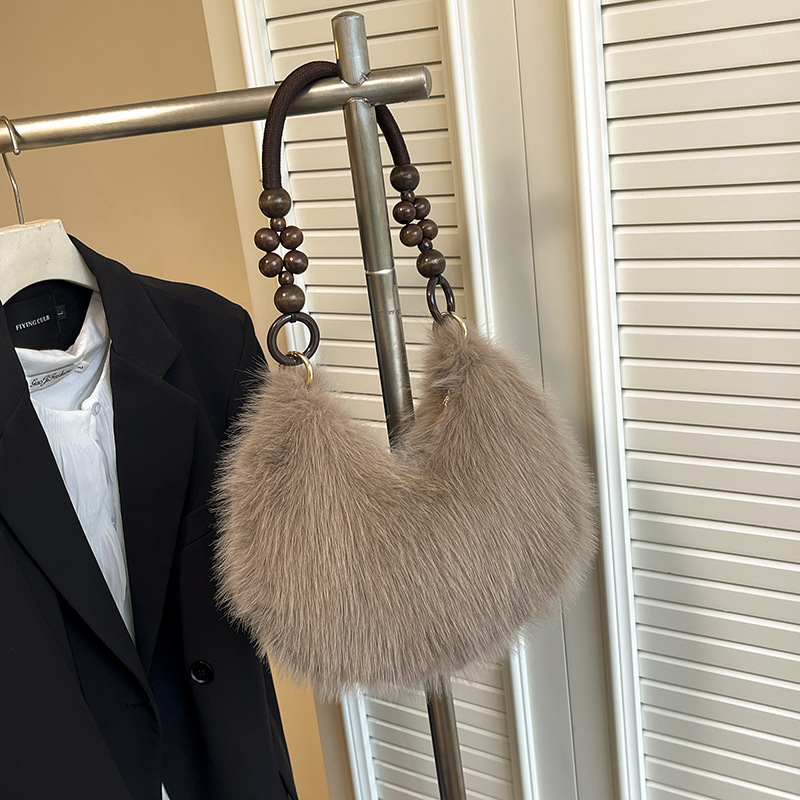 Damen Handtasche Mit Holzperlen Und Kunstfell Schultertasche_voghion.com
