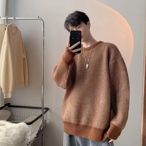 Men's Couple Casual Knitwear Sweater with Small Stripes, Autumn and Winter, Personalized, Versatile, Fashion, Contrast Color Base Layer Sweatshirt