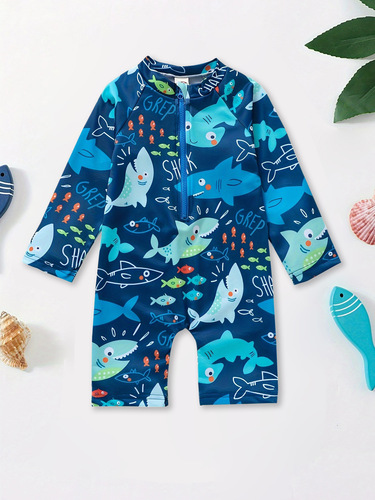 Cross-border children's swim cap, unisex swimwear, one-time dropshipping, shark-themed baby swim suit, wholesale, long-sleeved baby romper swimwear