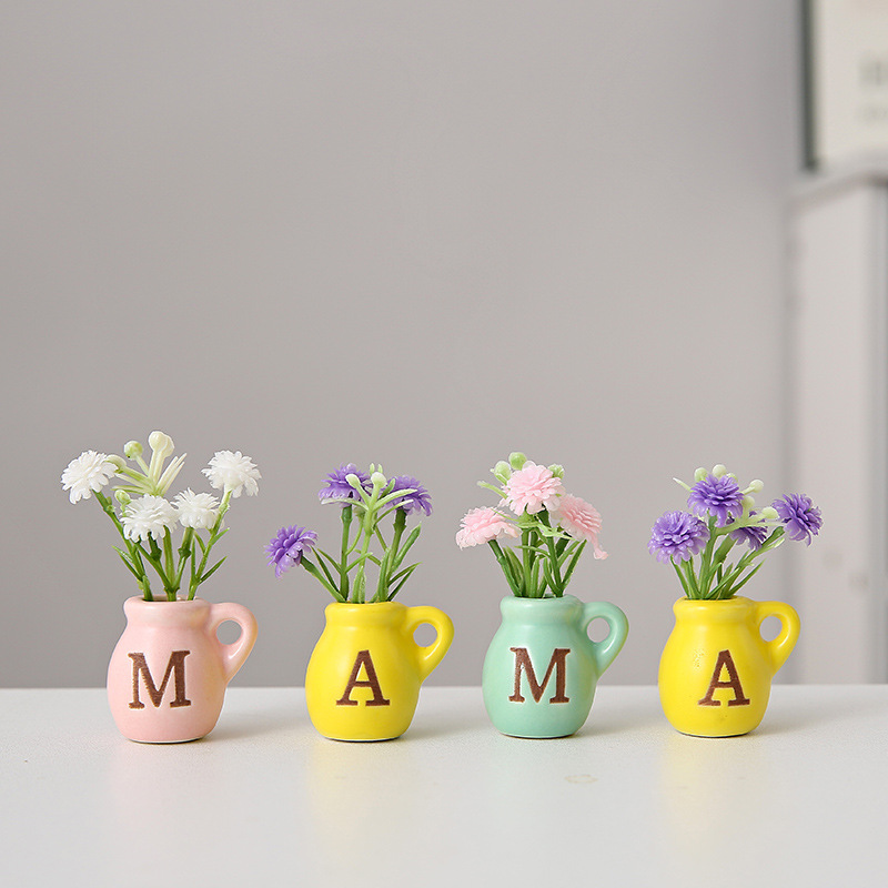 Cross-Border Ceramic Refrigerator Magnet Mini Vase Mother's Day with Magnet and Fake Flowers DIY Refrigerator Decoration