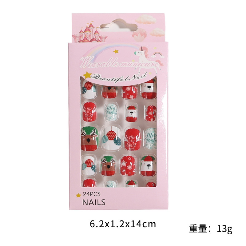 Nueva Navidad para niños pieza de uñas 24 piezas portátil pieza de uñas terminado ciervo muñeco de nieve parche falso clavo pieza de uñas