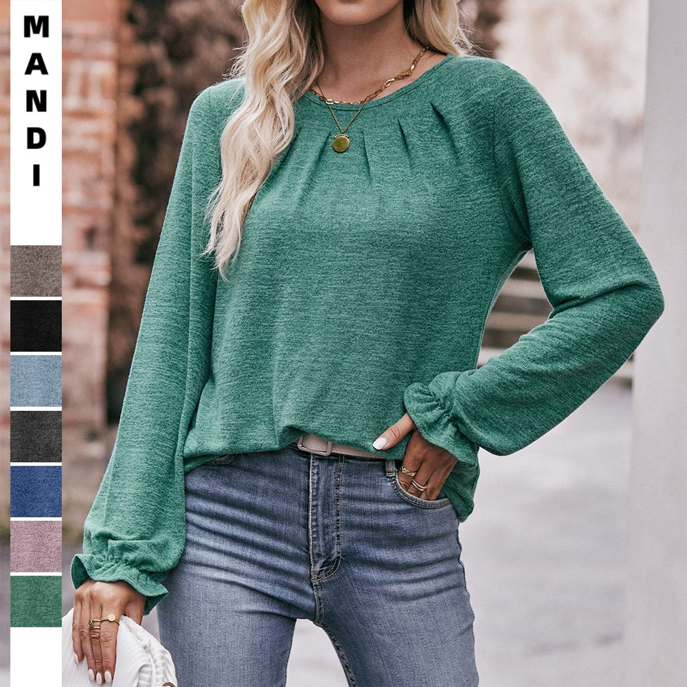 Новая осенняя одежда 2025 года, европейский и американский стиль, Amazon, повседневная футболка с круглым вырезом, складками и мягкой подкладкой, длинный рукав