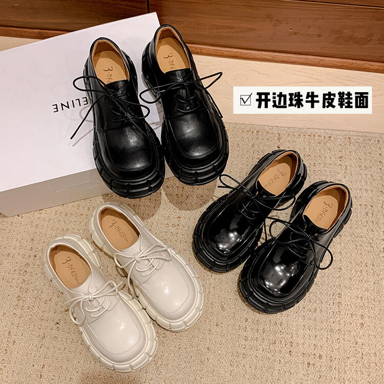 Giày lười nữ da bò phối dây buộc chéo đế xuồng platform phong cách Anh quốc — Màu Đen Hạt mở viền, Màu đen da bò mờ, Màu trắng chi tiết 81