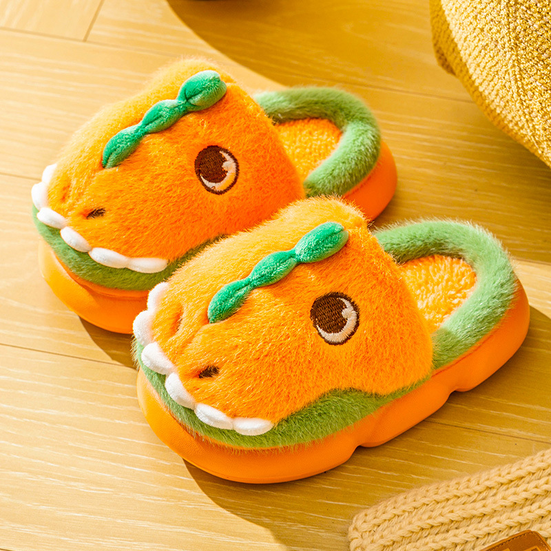 [Otoño e invierno nuevo] Zapatillas de lana para niños de invierno dibujos animados lindo dinosaurio bolsa talón Zapatillas de algodón para niños calientes