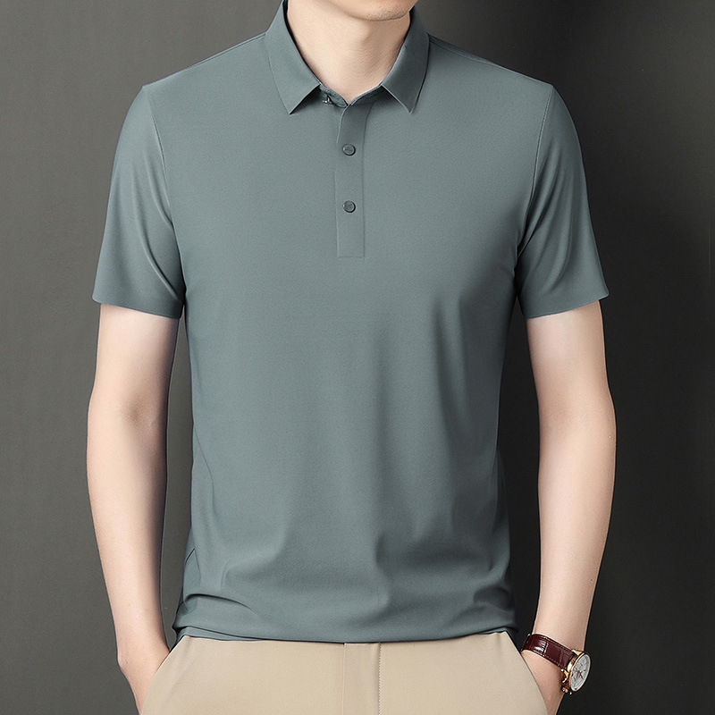 Summer New Ice Silk Cool Men's Short-Sleeved T-Shirt Pure Color Casual Fashion Draped Lapel Polo Shirt Top