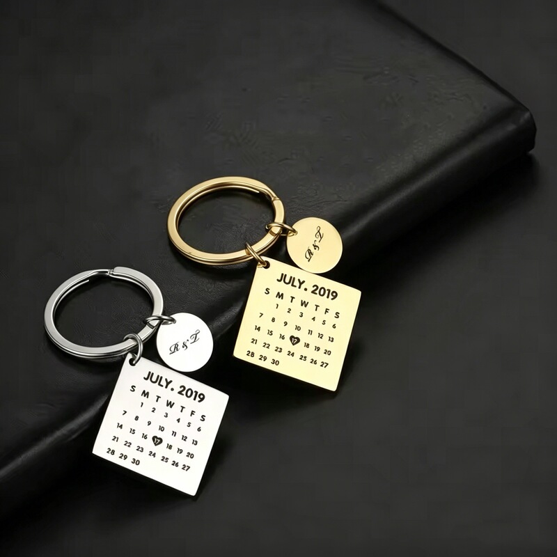 DIY Engraved Calendar Keychain Stainless Steel Square Date Commemorative Tag Couple Name Custom Pendant Wholesale