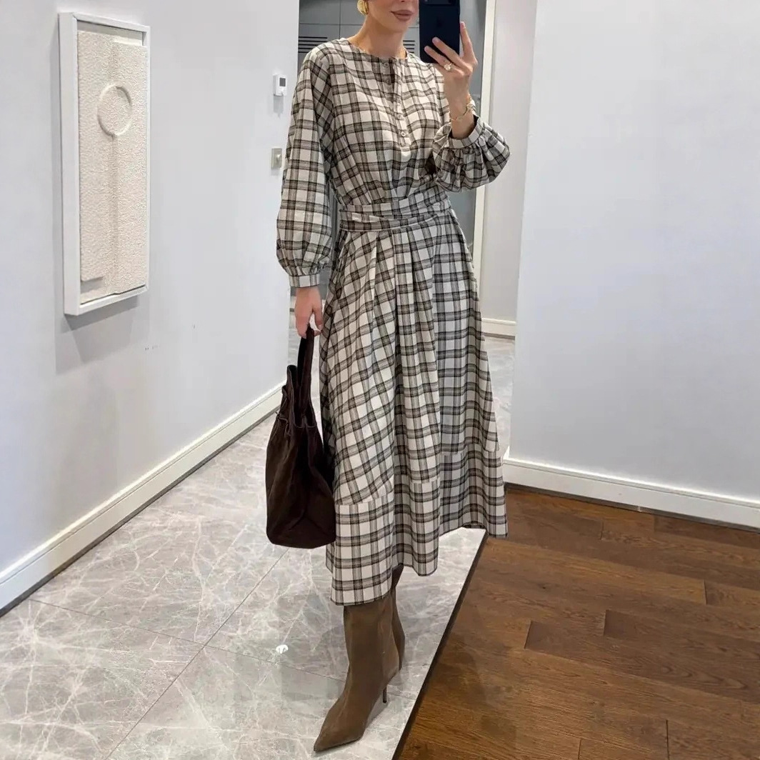 2025 European and American Clothing Amazon Home Wear Long Pajamas Plaid Digital Printing Long-Sleeved Round Neck Dress