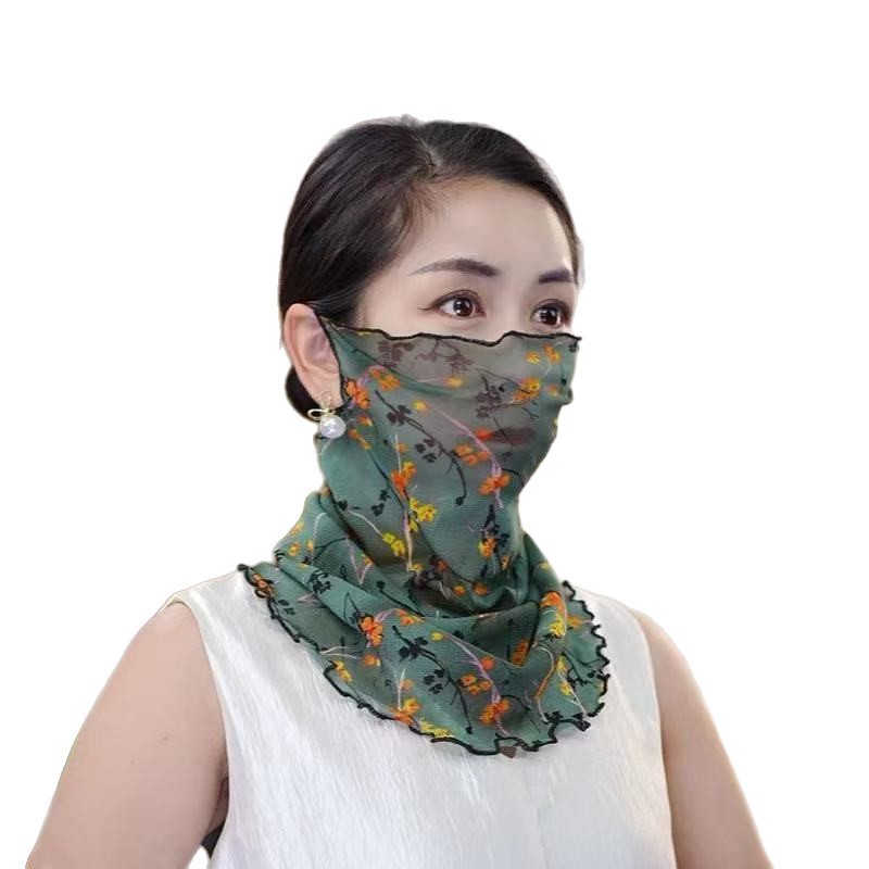 Primavera y verano de encaje velo protector solar protector facial de mujer cuello colgante máscara de orejas máscara respirada bufandas de seda protector solar UV
