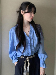 2025新款~韩里韩气设计感绝美上衣气质感蓝色边长袖衬衫女早秋