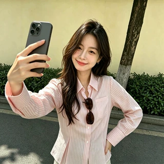 粉色条纹收腰polo翻领长袖衬衫女秋季设计感小众修身百搭韩系上衣