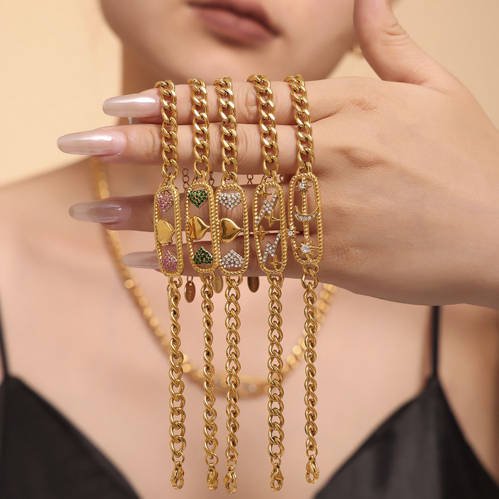 Square Sugar Jewelry Ins Style 316L Star Moon Lightning Titanium Steel Necklace Bracelet Combination PVD Electroplating Color Preservation_voghion.com