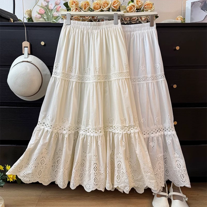 Мода уменьшенный возраст полые кружевные юбки с крючком, женские весенние 2025 новые высокие талии, складки, свободная юбка для торта