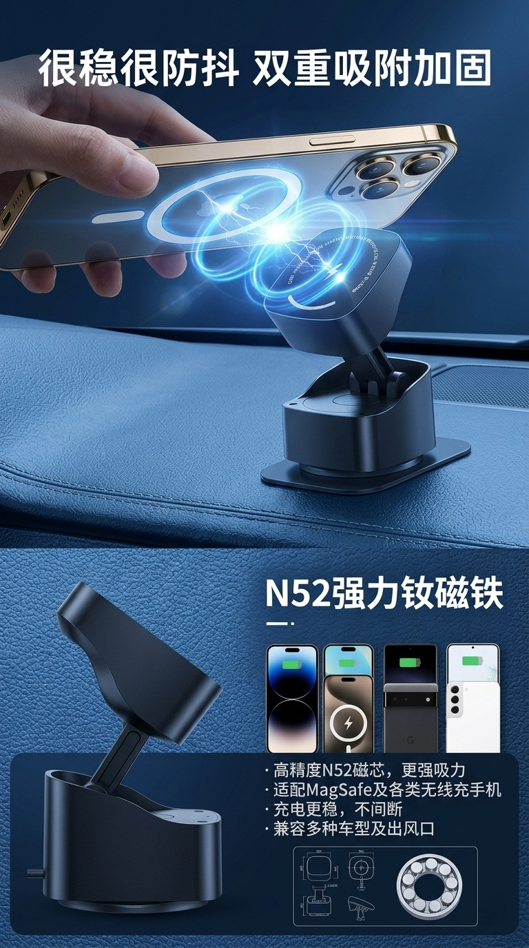 Suction Cup Type Magnetic Car Mount for Vehicle Interior, Magnetic Car Accessories, Magnetic Navigation Support, Car Phone Holder