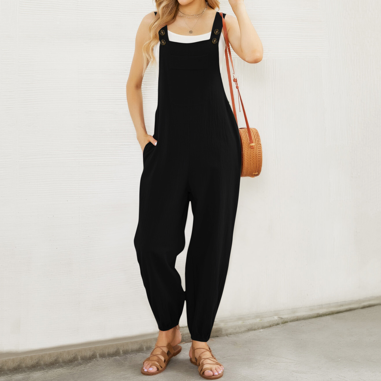 Pantalones de tirantes de bolsillo de la cintura del color sólido del mono de las mujeres europeas y americanas del algodón y del lino
