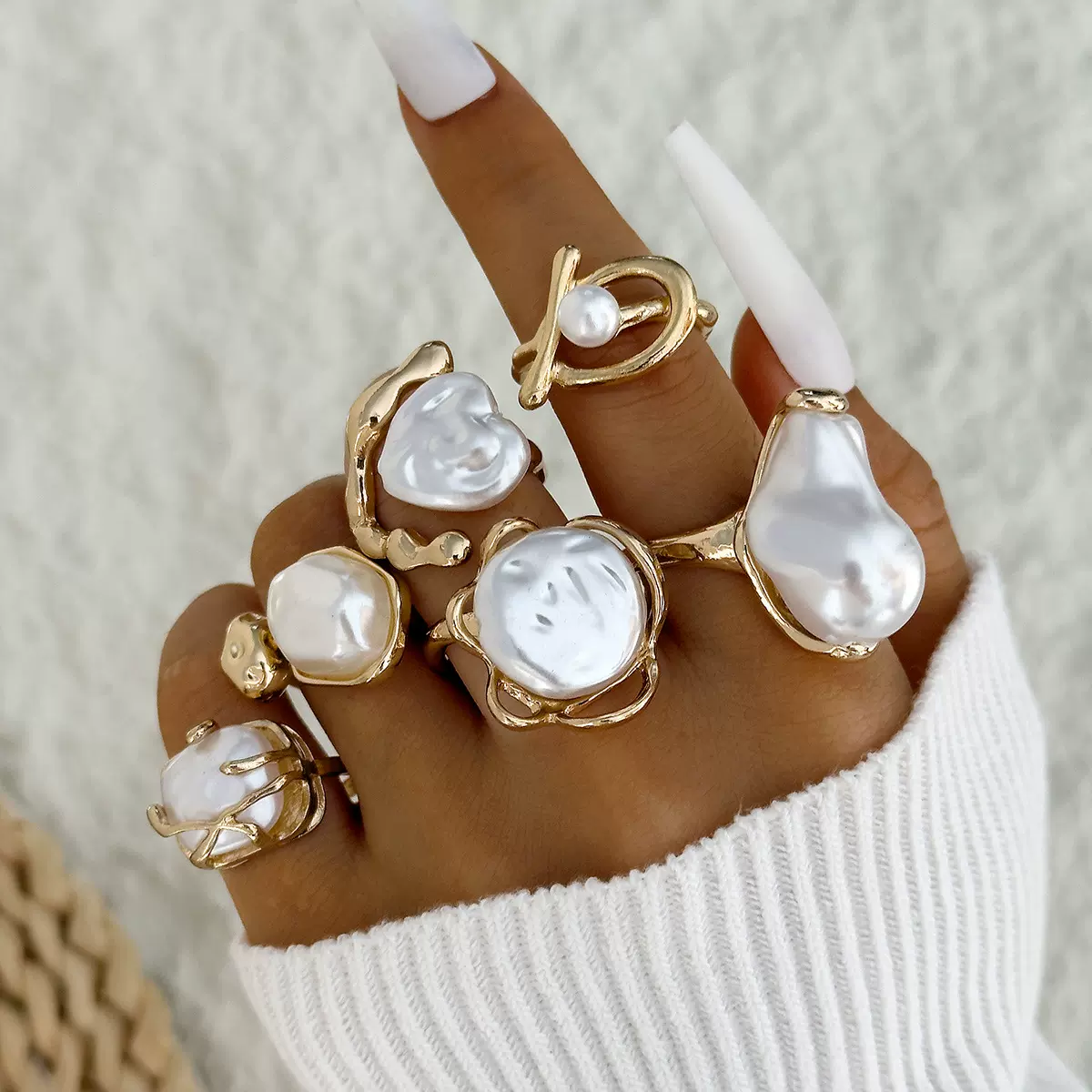 欧美跨境巴洛克异形不规则珍珠戒指 轻奢叠戴合金气质戒指套装