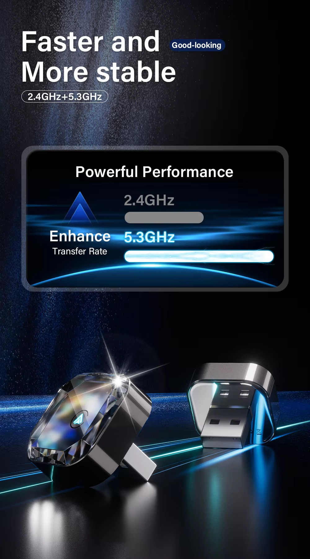 Hot Selling Diamond Carplay Car-Machine Interconnection Box with Cooling Holes Horizontal Plug-In 2in1 Wireless Caplay Box