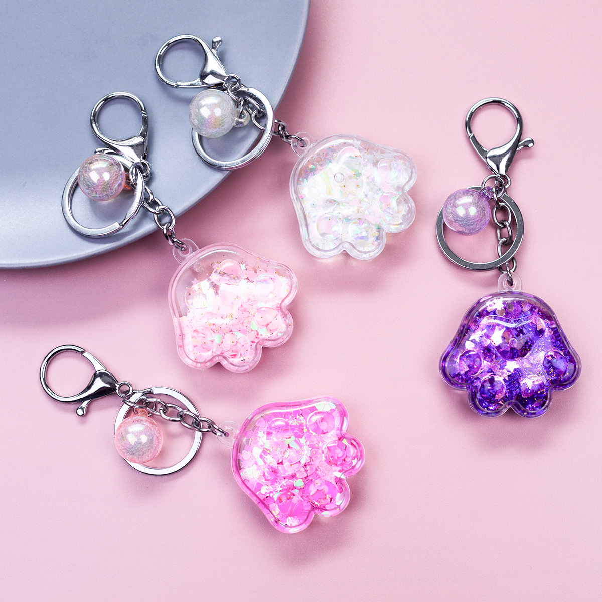 Porte-clés en forme de patte de chat en acrylique rose, mignon, dessin animé, exquis, pendentif en sable liquide pour fille, décoration de sac à dos_voghion.com