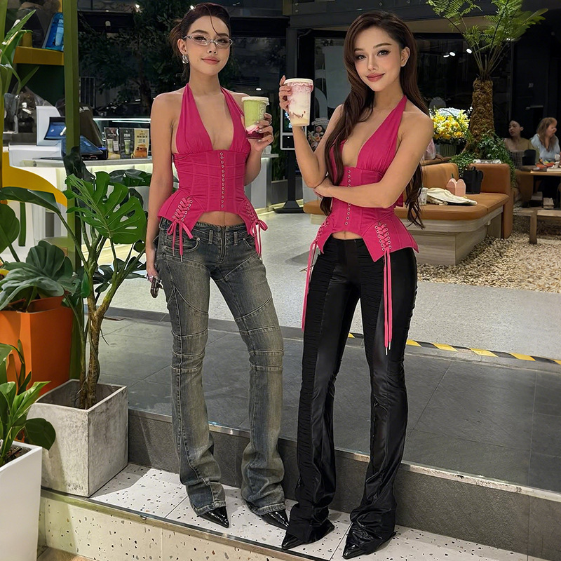 欧美风2025新款秋季时尚街头PU皮修身拼接褶皱高腰紧身包臀长裤女