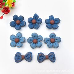 新款diy饰品配件布艺印nice牛仔蓝双面纽扣五瓣花领结鞋服配饰