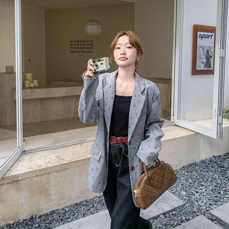 灰色碎花西装外套女秋2025新款感韩系设计感西服小个子|undefined