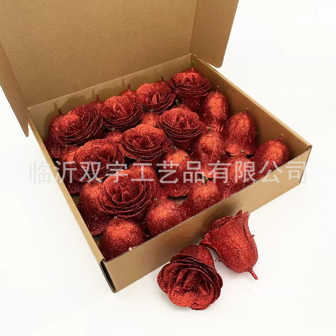 跨境外贸金粉闪粉玫瑰花头飞机盒蓝色妖姬假花场景布置批发仿真花
