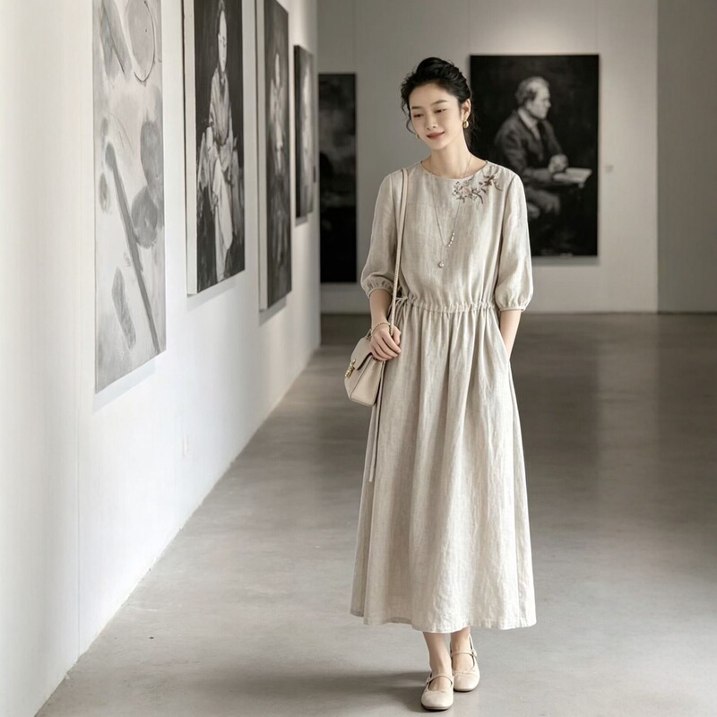 Designer Embroidered Linen Dress 2026 Summer Style Linen Skirt with Tie, Slimming and Elegant Linen Long Dress Designer Embroidered Linen Dress 2026 Summer Style Linen Skirt with Tie, Slimming and Elegant Linen Long Dress