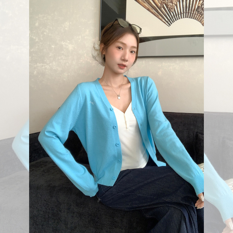 Korean-Style Blue Embroidered V-Neck Knitted Cardigan for Women, 2026 Autumn Design, Niche Outerwear, Long-Sleeved Inner Top