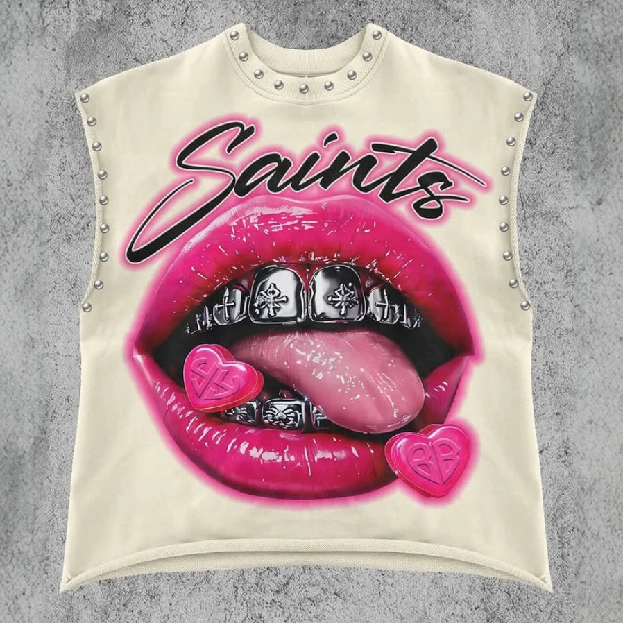 Fc1428 European and American Cross-Border Spring and Autumn Retro Lip Print Rivet Casual Vest